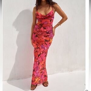 Cowl-Neck Maxi Slip Dress in Pink-Orange Floral